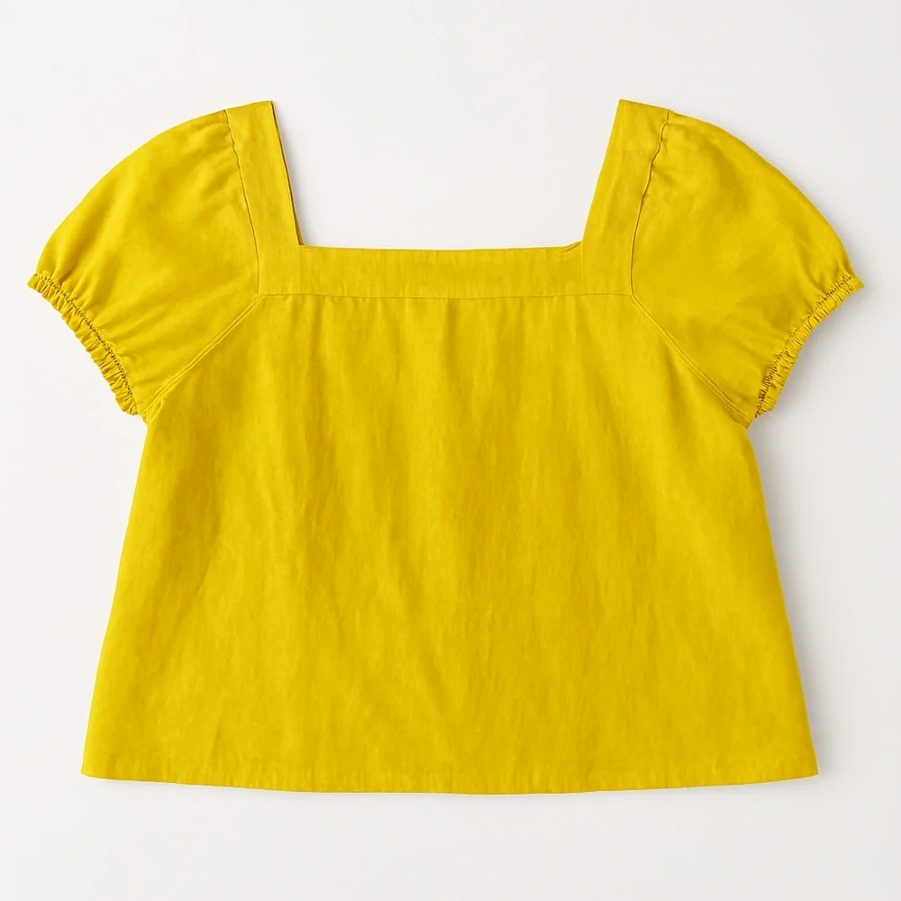Boden Mustard Yellow 100% Linen Puff Sleeve Square Neck Blouse